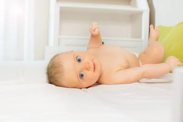 Close Portrait Beautiful Baby Girl Playing Bed Looking Camera Big — Stockfoto