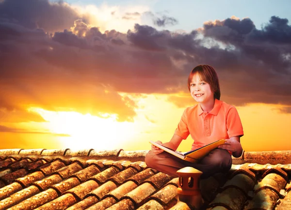 Young School Boy Sit Roof Read Book View Sunset — Stock Photo, Image