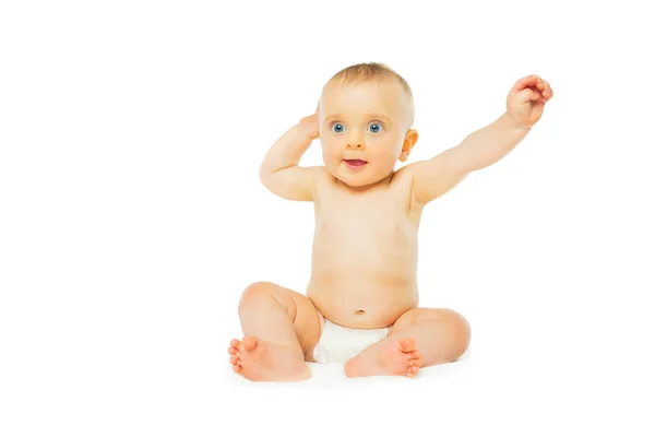 Portrait Smiling Baby Girl Wearing Diaper Isolated White Lifting Hands — Stock Photo, Image