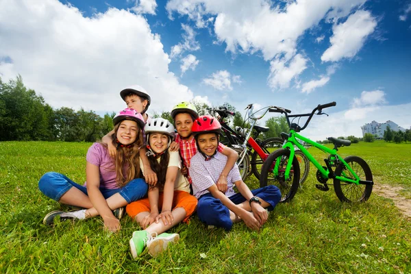 Happy kids in helmets — Stock Photo, Image