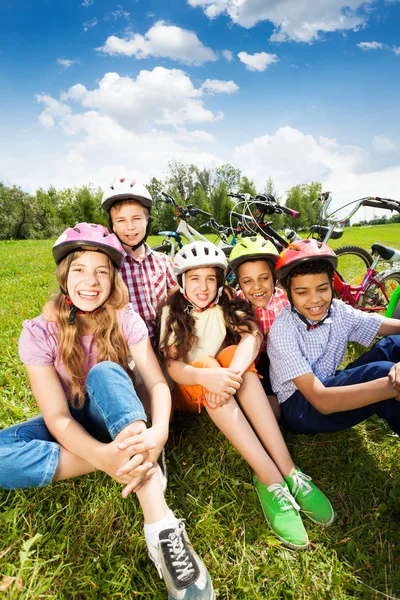 Happy kids in helmets — Stock Photo, Image