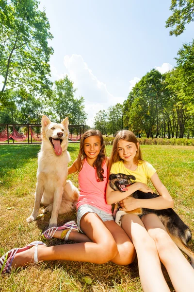 Meninas adolescentes felizes e cães agradáveis — Fotografia de Stock