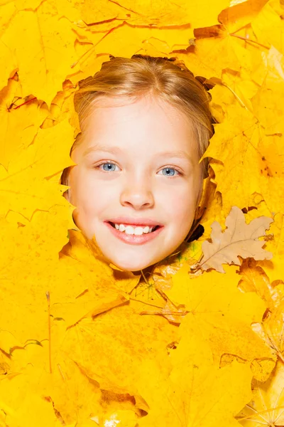 Gezicht van kleine glimlachend blond meisje in esdoorn bladeren — Stockfoto
