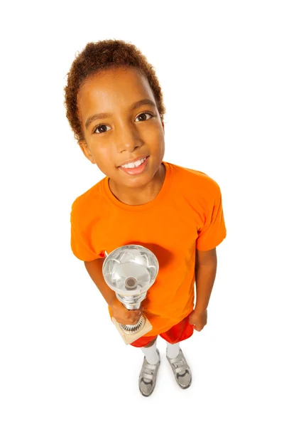 Boy holding winners cup prize — Stock Photo, Image