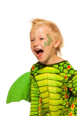 Roaring boy in dragon costume clipart