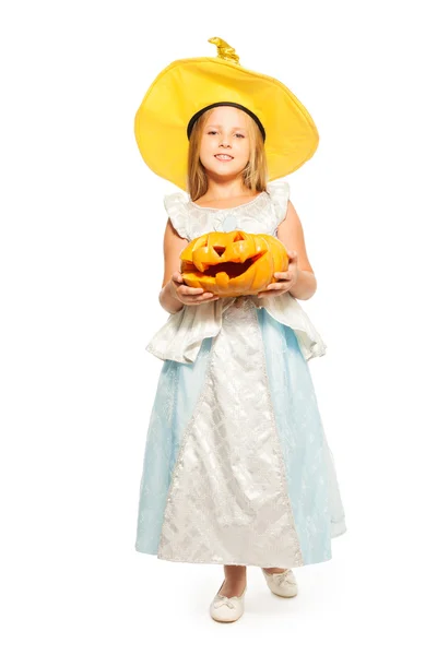 Girl with Halloween carved pumpkin — Stock Photo, Image
