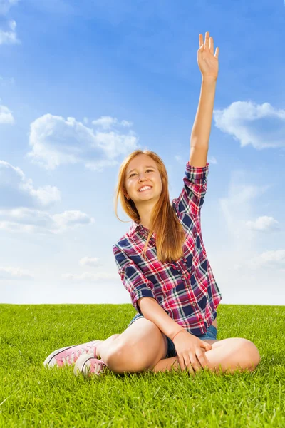Girl with hand up in air — Stock Photo, Image