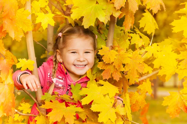 Menina feliz se escondendo nas folhas — Fotografia de Stock