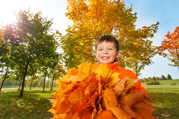 Niño con manojo de hojas anaranjadas — Foto de Stock