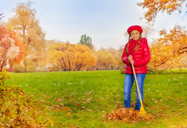 Girl with rake cleans grass from leaves — Stock Photo, Image