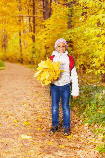 Girl with bunch of yellow maple leaves — Stock Photo, Image
