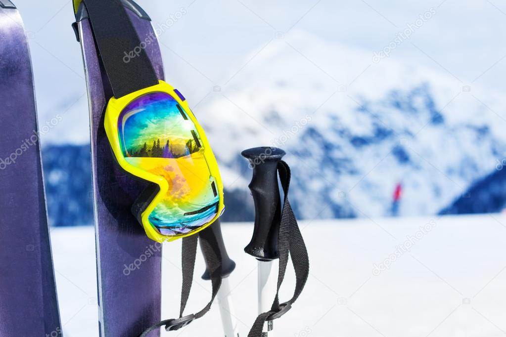 Mountain ski with mask and poles