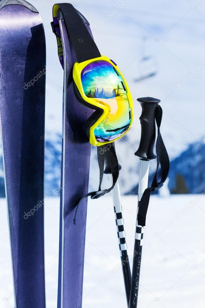 Skies, ski mask and poles