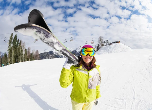 Woman carry mountain ski — Stock Photo, Image