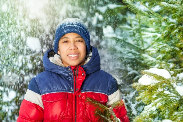 Boy with green  fir tree brush-wood — Stock Photo, Image