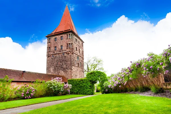 Bellissimo giardino con torre a Kaiserburg — Foto Stock