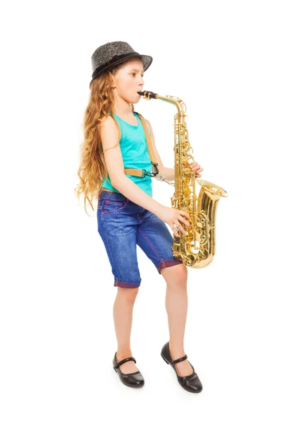 Mooi meisje alto saxofoon spelen — Stockfoto