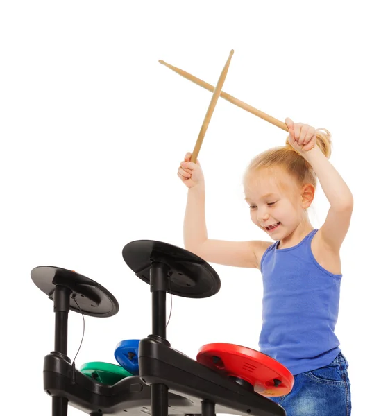 Happy blond girl plays cymbals — Stock Photo, Image