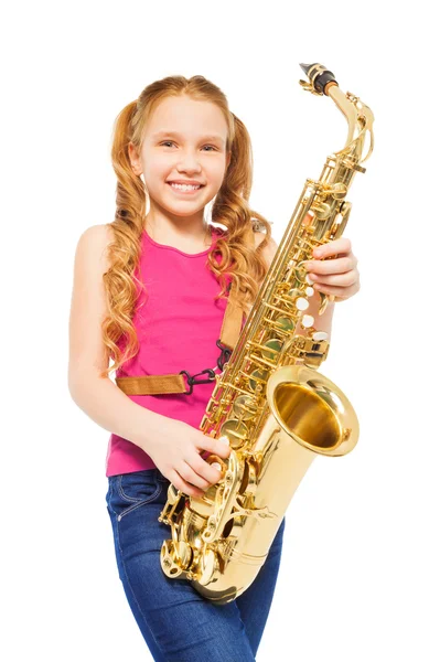 Meisje alto saxofoon spelen — Stockfoto
