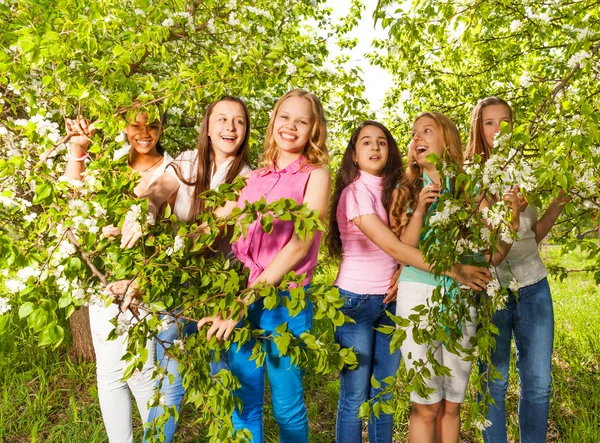 Beautiful teenage girls hold branches — Stock Photo, Image