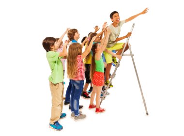 Group of kids trying to be first on ladder clipart