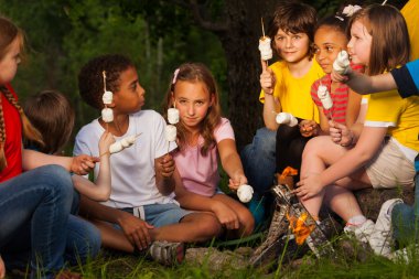 Grup çocuk smores yakınındaki şenlik ateşi ile