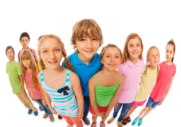 Large group of kids wide angle funny shoot — Stock Photo, Image