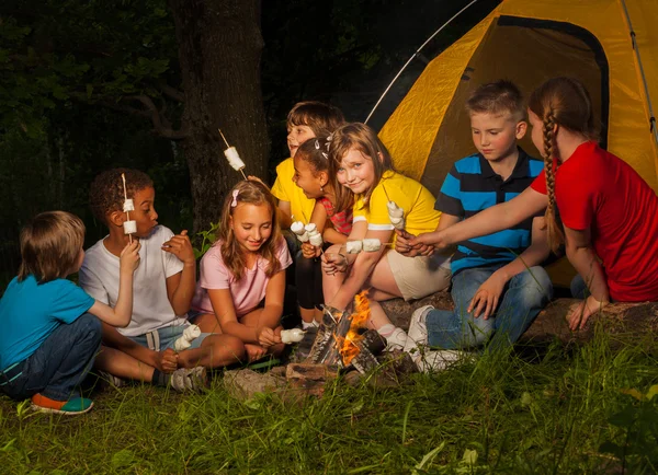 Campeggiatori seduti con marshmallow vicino al falò — Foto Stock