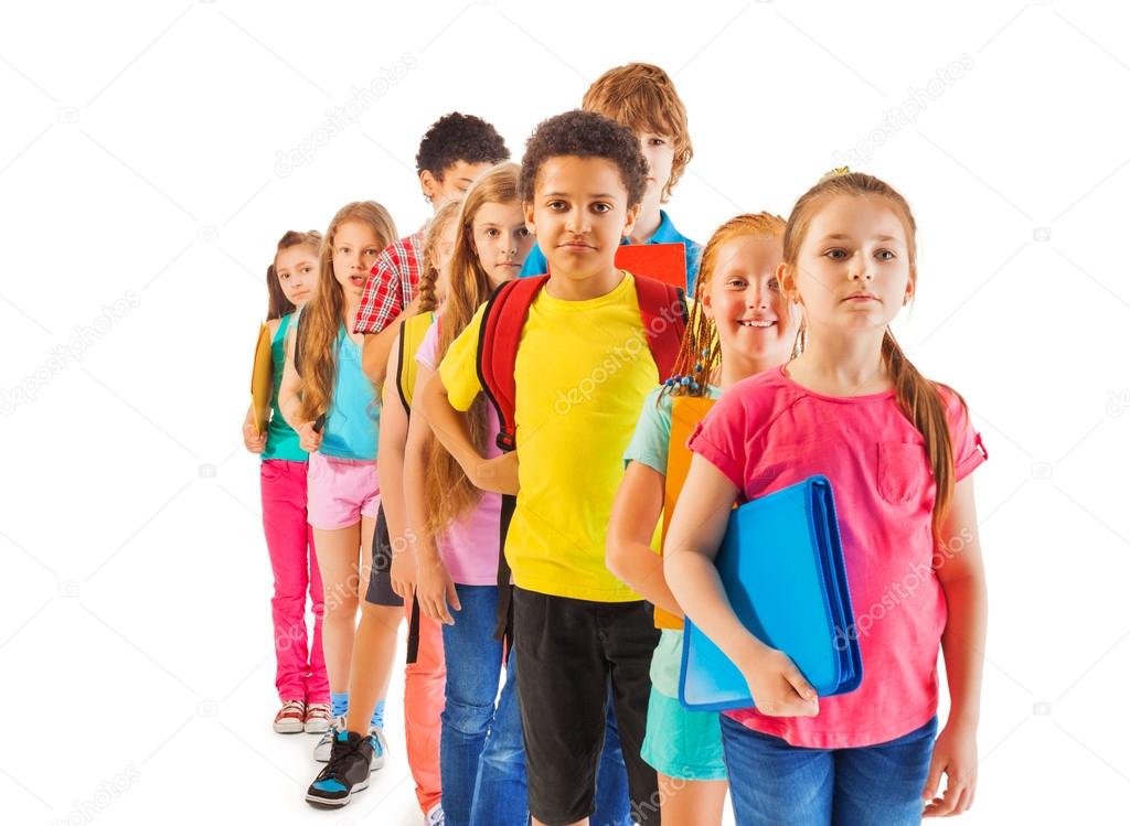 Group of boys and girls standing in the queue