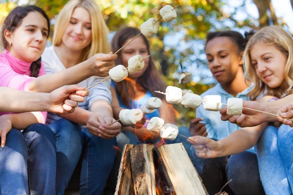 Teens hold marshmallow sticks — Stock Photo, Image