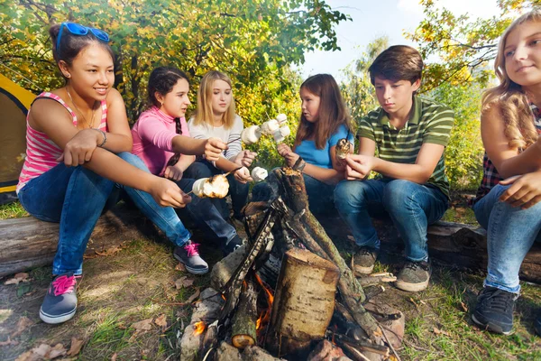 Amigos no acampamento grill marshmallow — Fotografia de Stock