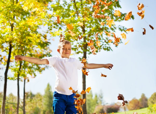 Boy playing with thrown leaves — Stockfoto