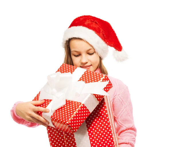 Beautiful girl open Christmas present — Stock Photo, Image