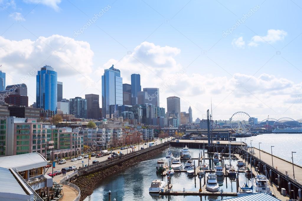 Beautiful pier view in Seattle with cityscape