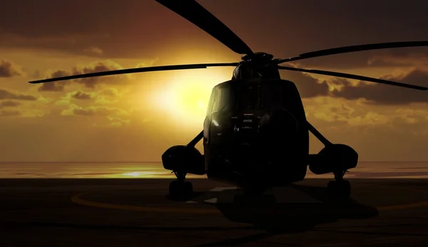 Hélicoptère militaire à bord du porte-avions au coucher du soleil — Photo