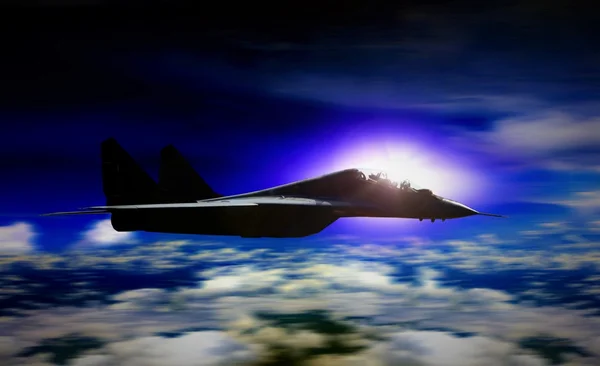 Militära plan som flyger under soluppgång med blur rörelse bakgrunden — Stockfoto