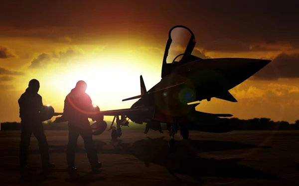 Military aircraft on airfield with pilot walking towards the aircraft — Stock Photo, Image