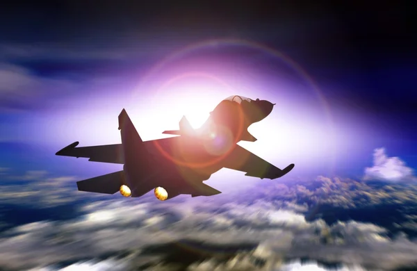 Fighter jet flying facing sunset — Stock Photo, Image