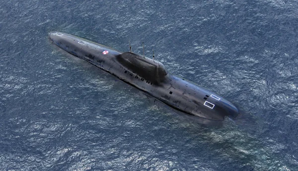 Military naval submarine on sea surface