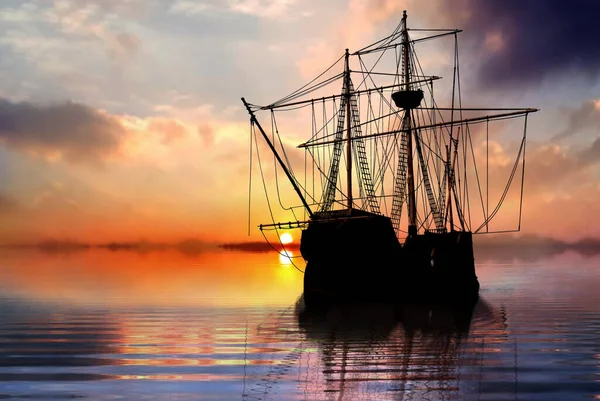 Piratenschiff Segelboot Auf Dem Offenen Meer Bei Sonnenuntergang — Stockfoto