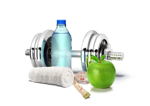 Concetto Fitness con Dumbbell e Apple — Foto Stock