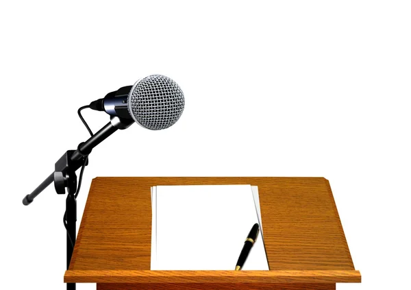 Microphone sur podium avec papier blanc et stylo — Photo