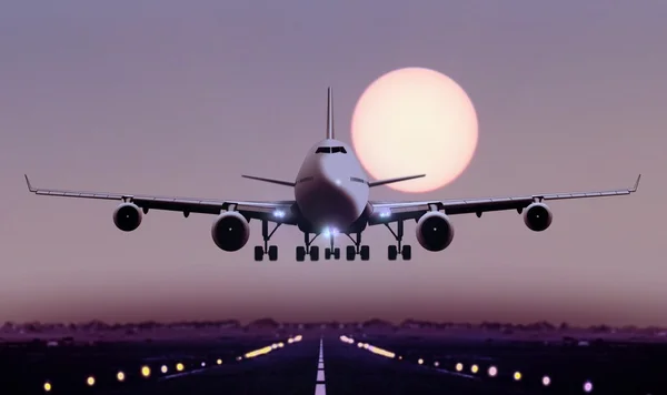 Airplane touch down during sunset — Stock Photo, Image