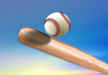Baseball bat hitting ball under blue sky clipart