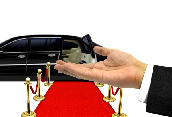 Hand welcome gesture to a luxury limousine ride — Stock Photo, Image