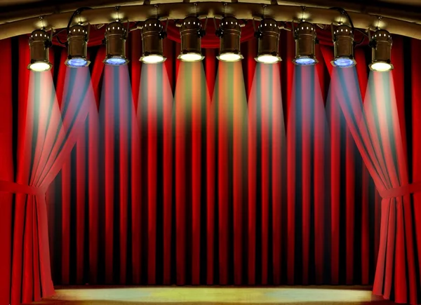 Empty stage with red curtain and spot lights — Stock Photo, Image