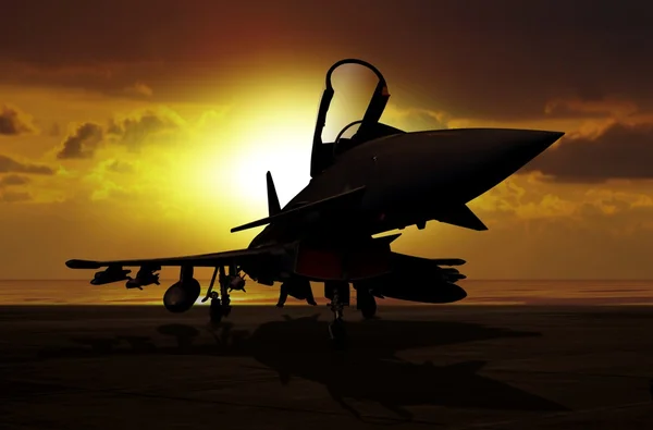 Kampfflugzeug bei Sonnenuntergang auf Trägerschiff — Stockfoto