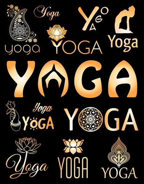 Verschiedene Namen und Logos des Yoga — Stockvektor