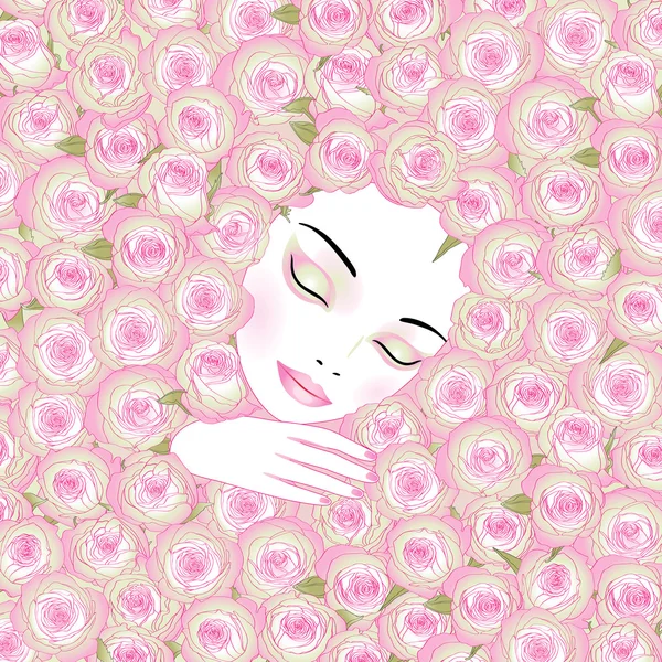 Visage femme endormie en roses roses — Image vectorielle