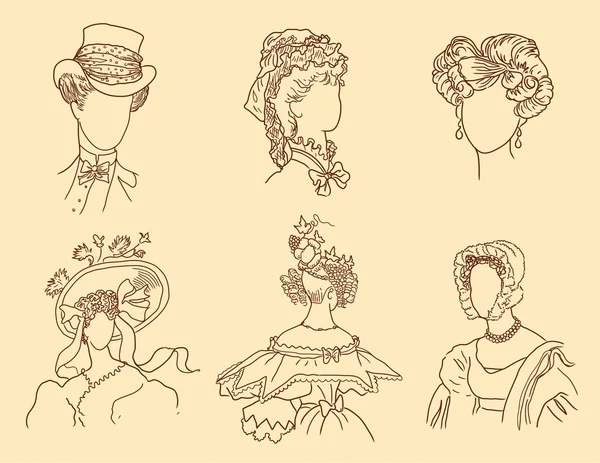 Sombreros y peinados para mujer — Vector de stock